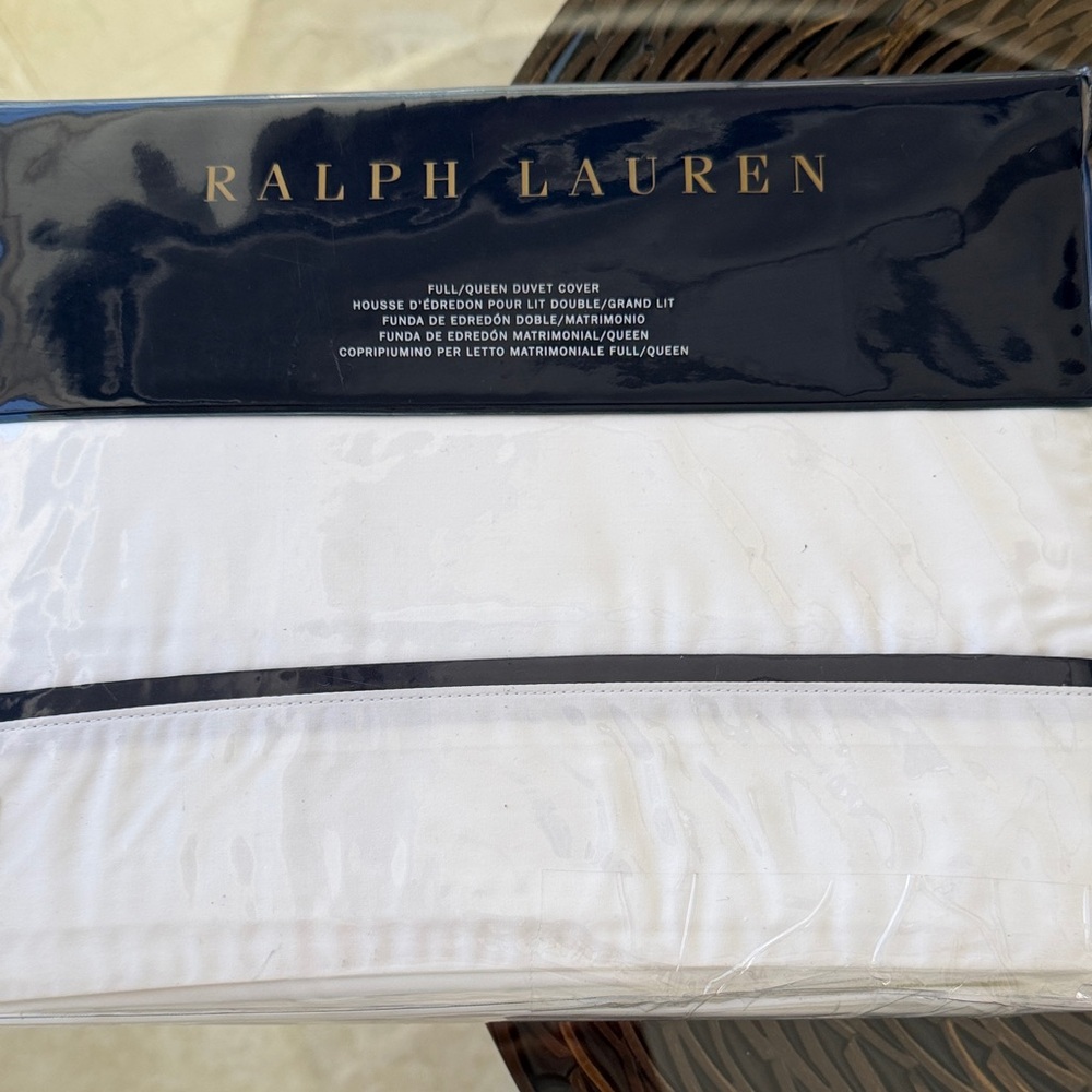 NWT Ralph Lauren Palmer Percale F/Q White Duvet Cover with Navy Trim